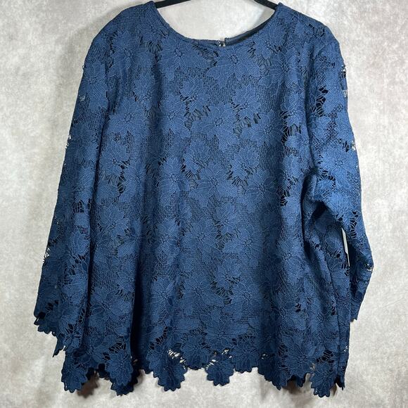 Ella Rafaella Blouse Womens 3X Blue Lace Floral Lined Boho Career Mature NEW - Picture 1 of 10